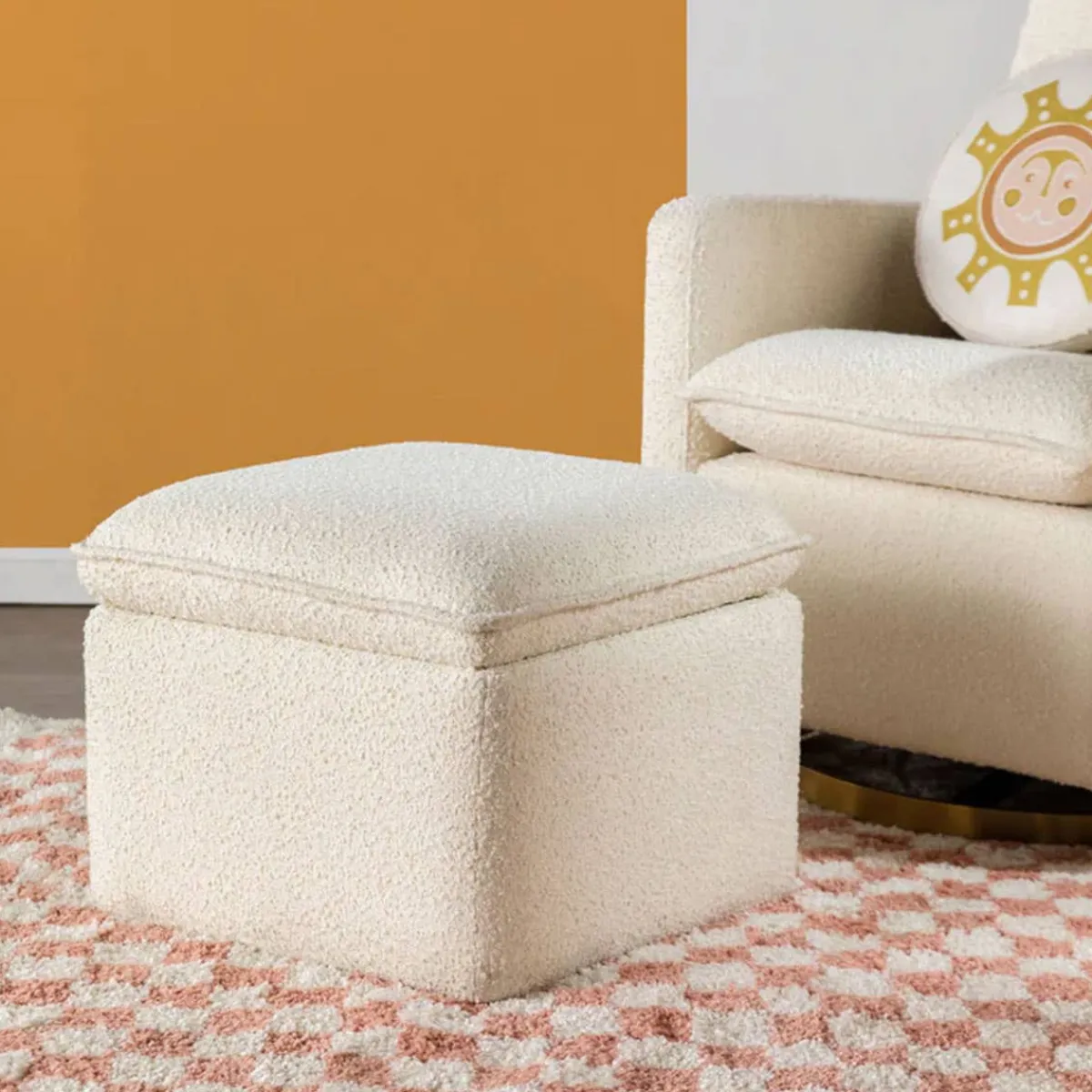 Ottomans-Babyletto Cali Boucle Storage Ottoman Ivory w/ Gold Base