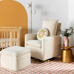 Ottomans-Babyletto Cali Boucle Storage Ottoman Ivory w/ Gold Base