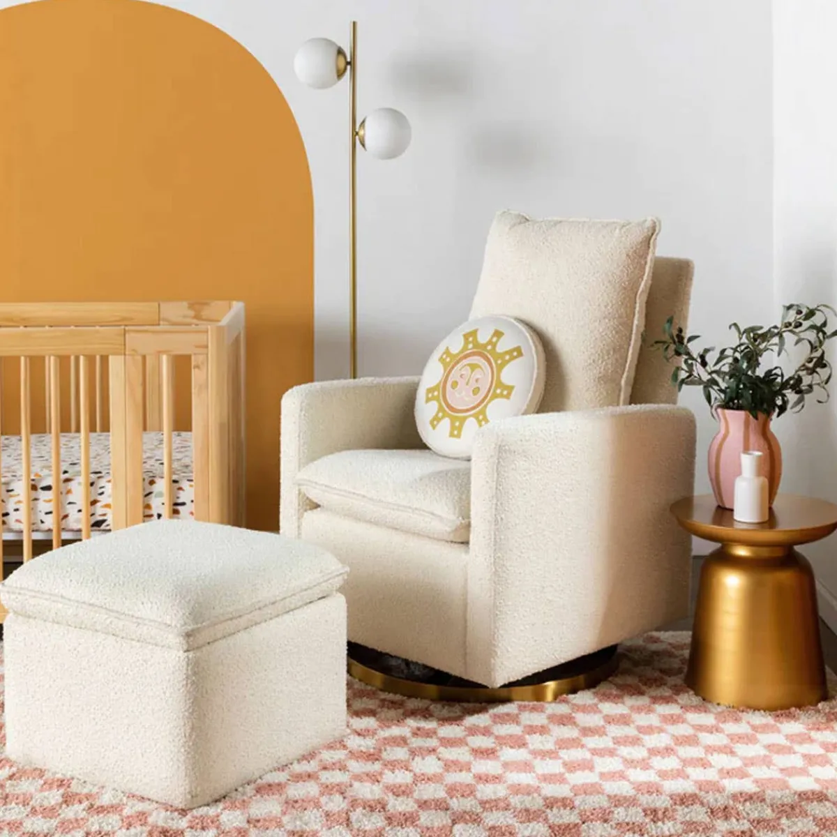Ottomans-Babyletto Cali Boucle Storage Ottoman Ivory w/ Gold Base