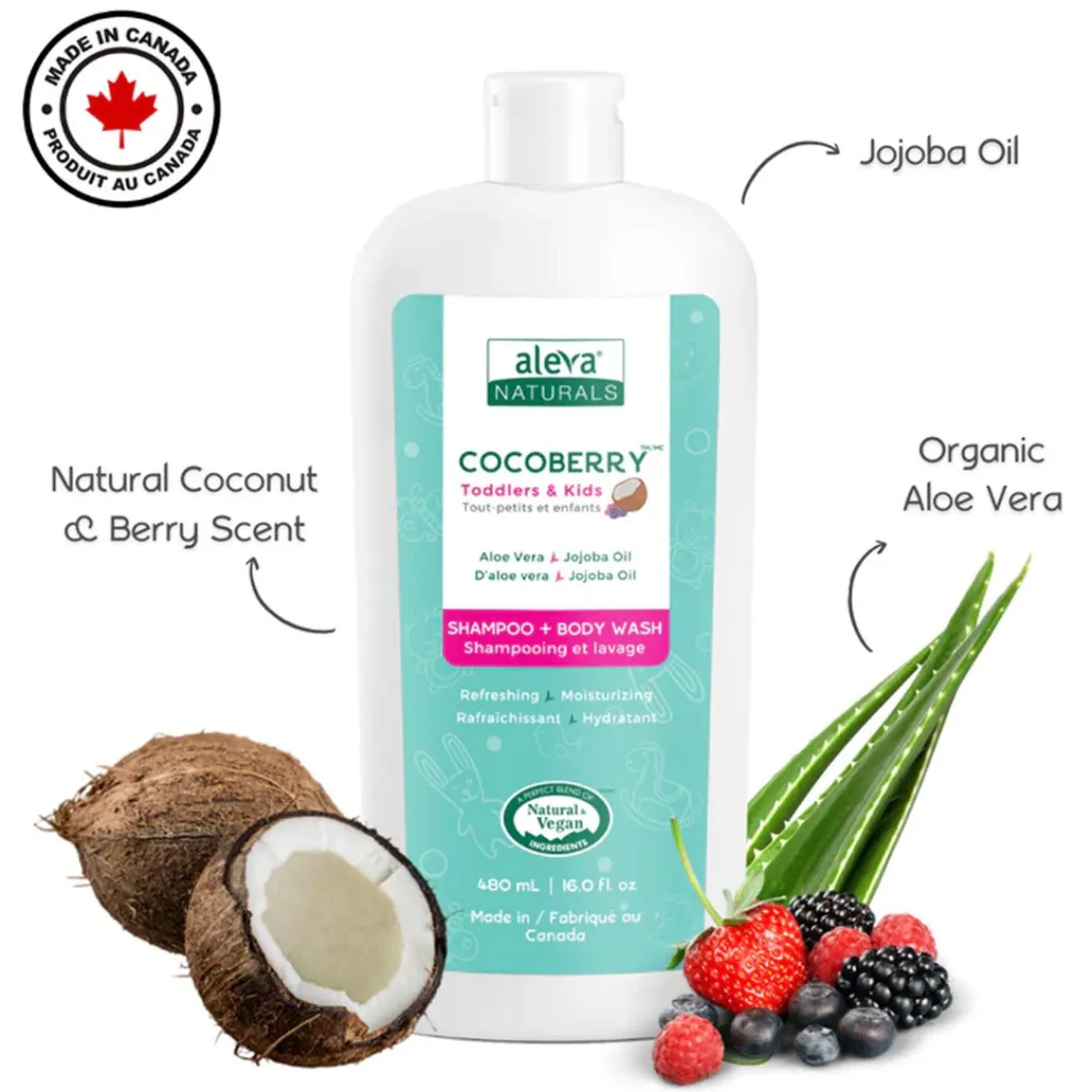 Kids Shampoo + Conditioner|Kids Body Wash-Aleva Naturals Cocoberry Toddler & Kids Shampoo & Body Wash (480 mL)