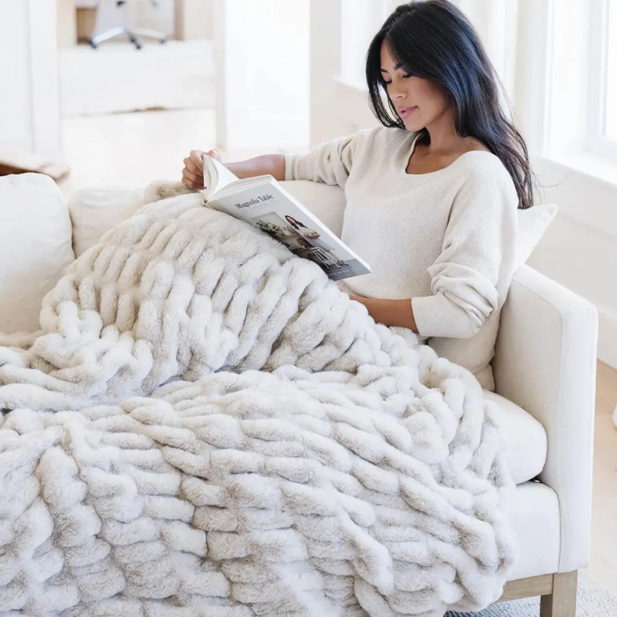 Blankets-Saranoni Double Ruched Faux Fur Throw Flax