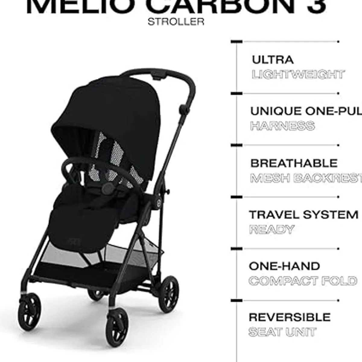 Travel Strollers-Cybex Melio Carbon 3 Ultra Lightweight Stroller Moon Black