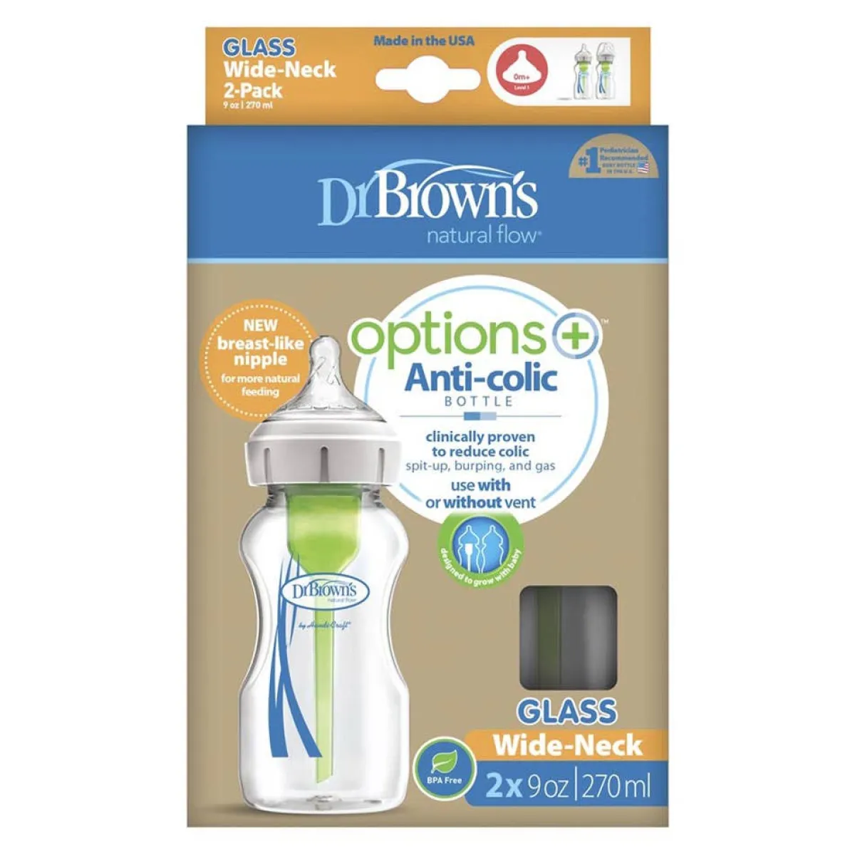 Baby Bottle Sets|Glass Baby Bottles-Dr. Brown's Options+ Wide Neck Glass Bottle (9 oz, 2 Pack)