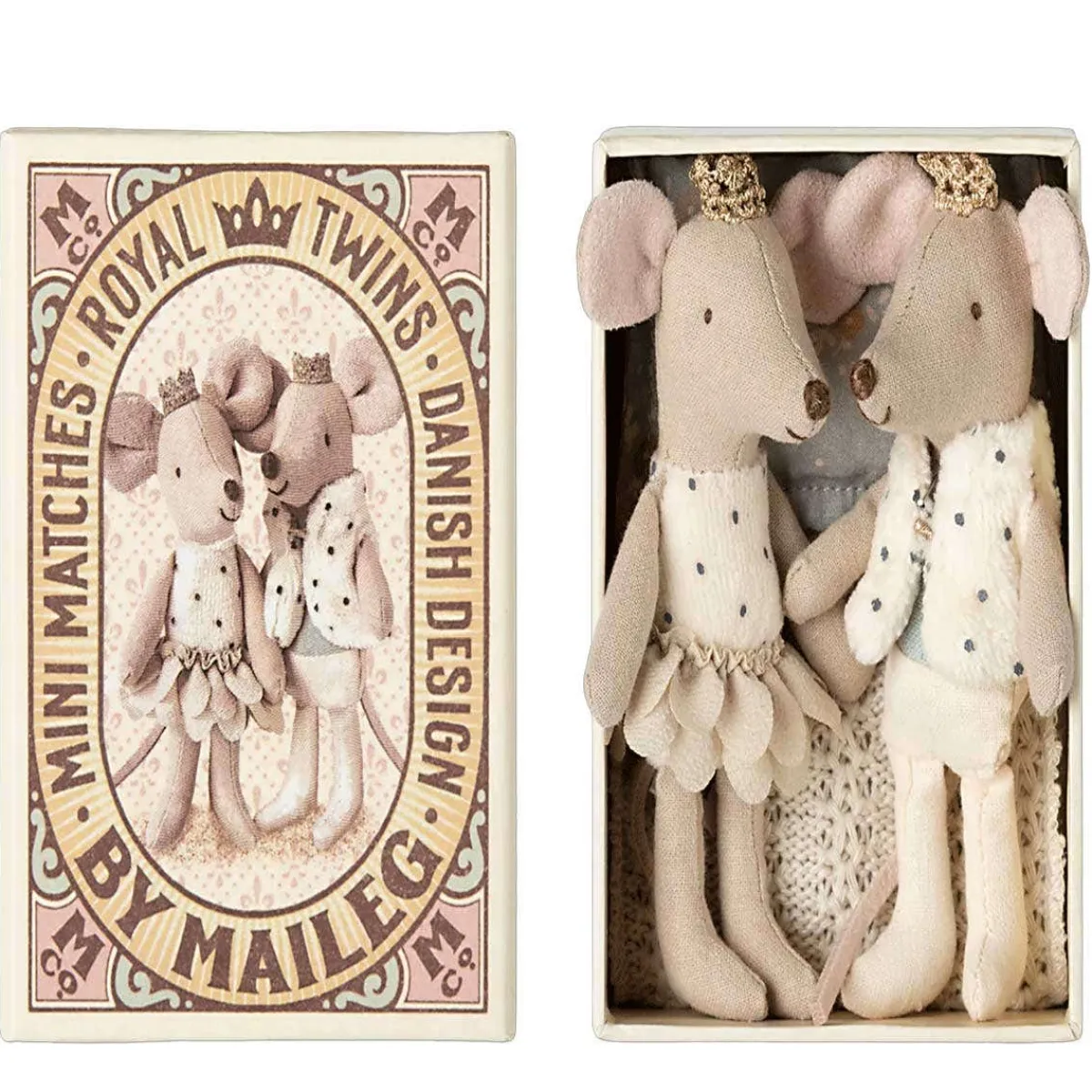 Plush Animals-Maileg Royal Twin Mice Little Sister & Little Brother in Matchbox