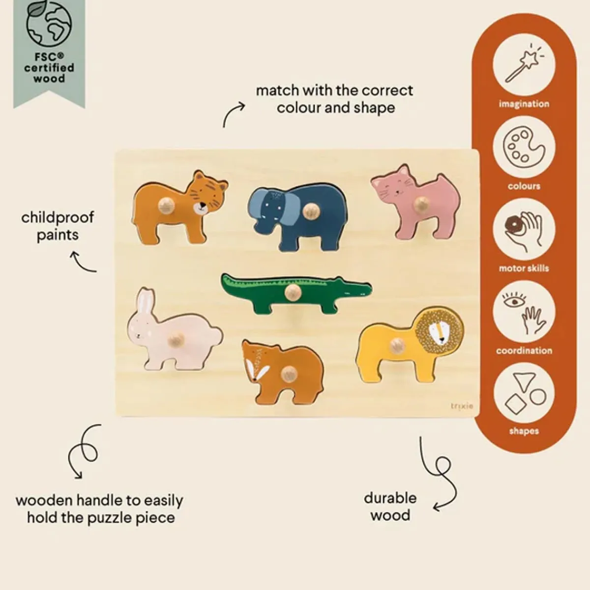 Puzzles|Wooden Toys-Trixie Wooden Animal Puzzle (7 Pieces)